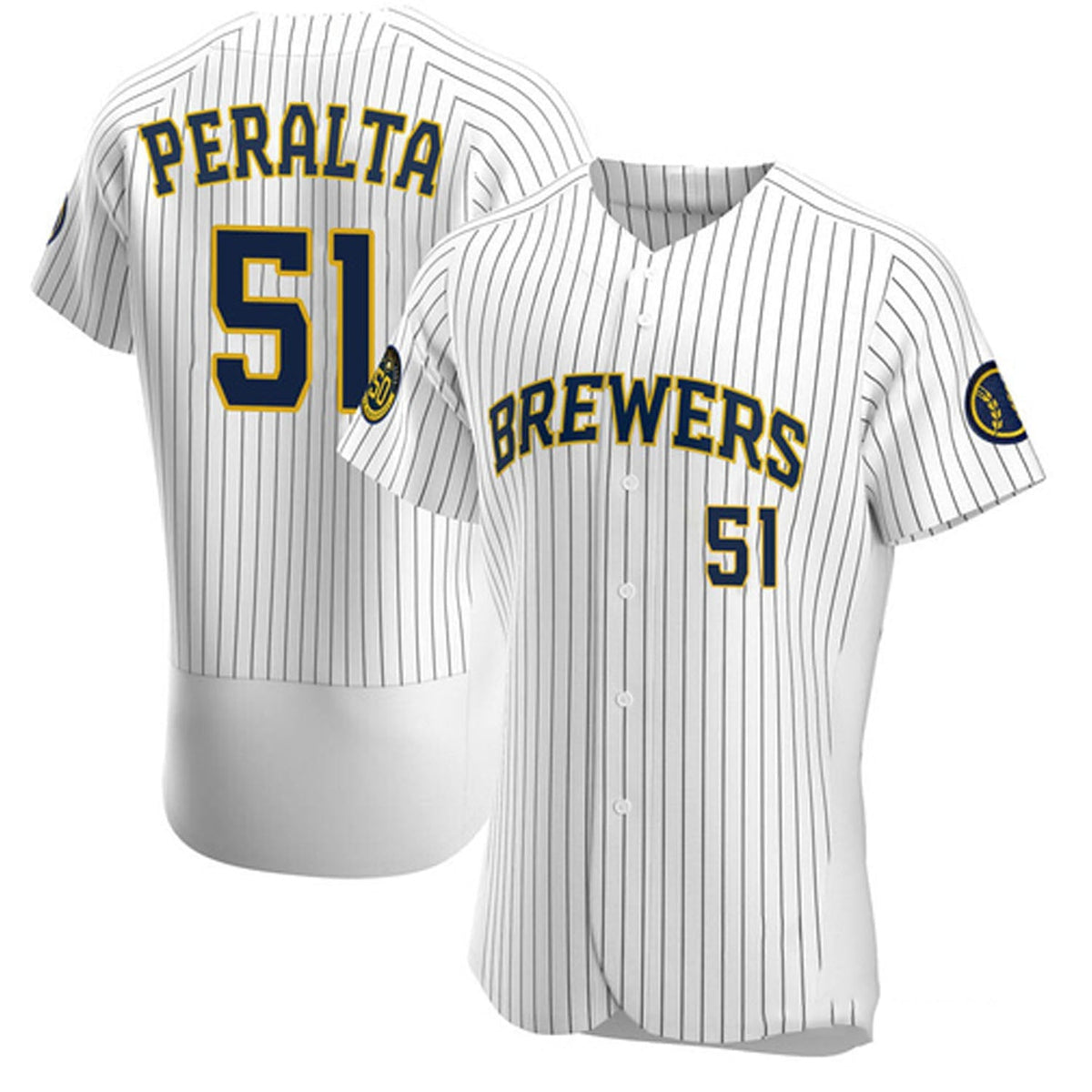 Front view of Freddy Peralta Milwaukee Brewers 51 jersey