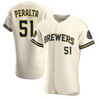 Close-up of Milwaukee Brewers logo on jersey sleeve