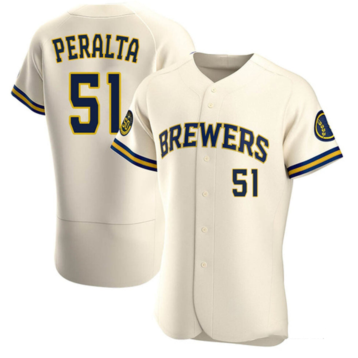 Close-up of Milwaukee Brewers logo on jersey sleeve