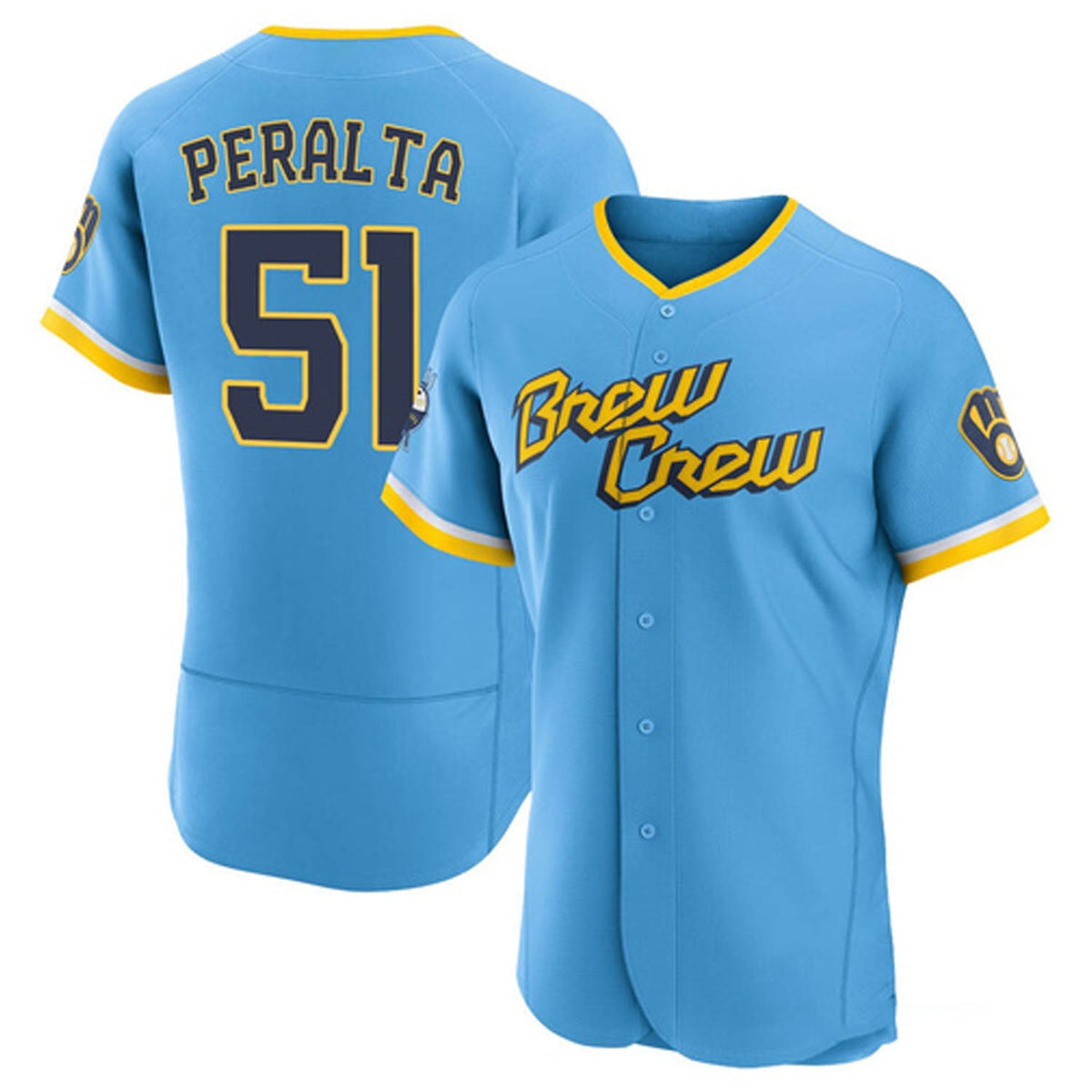Side view of Freddy Peralta jersey showing stitching details