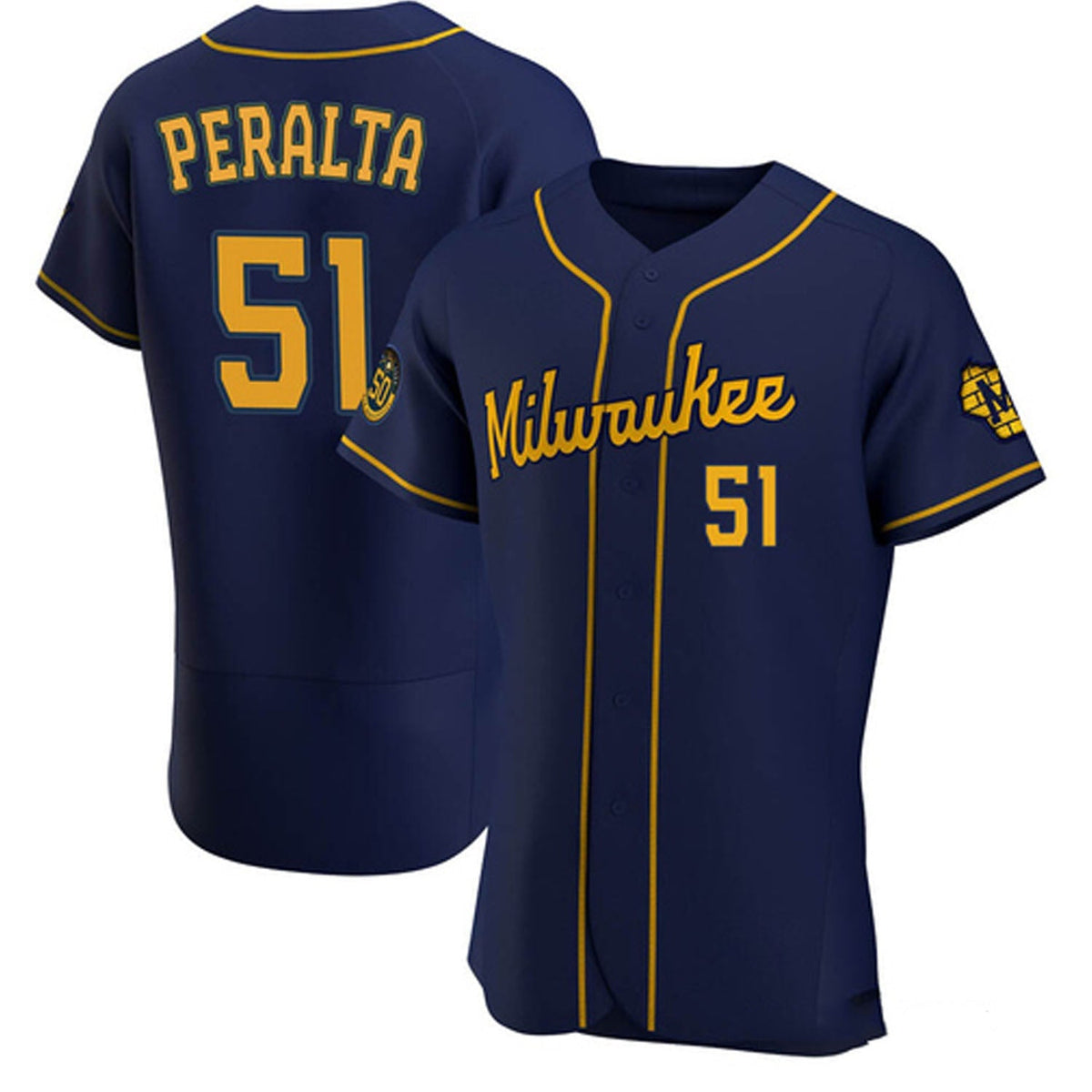 Detail of jersey collar with Milwaukee Brewers colors